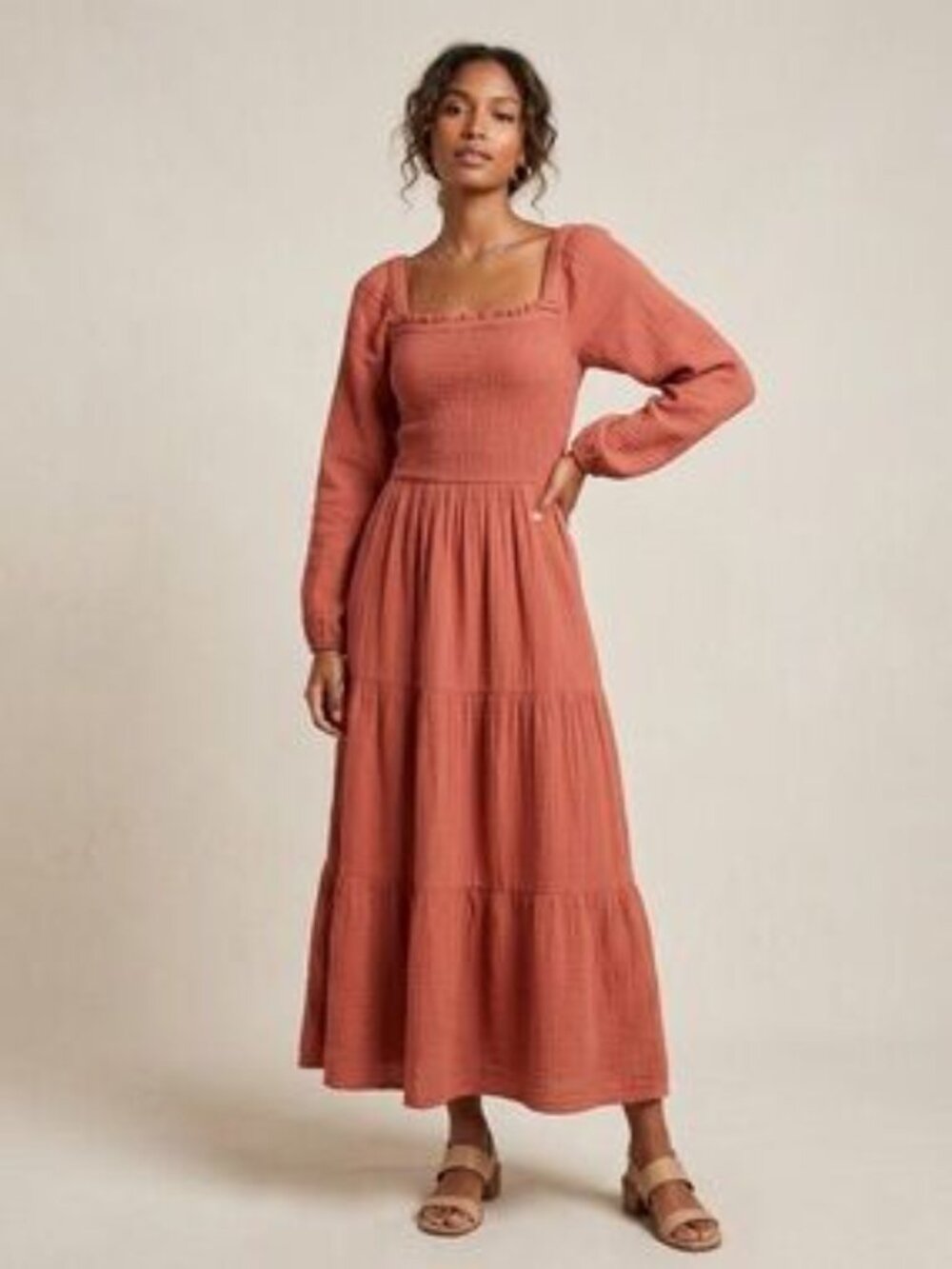 Beachlunchlounge Rust Smocked Midi Dress Sz XL Long Sleeve Square Neck Tiered
